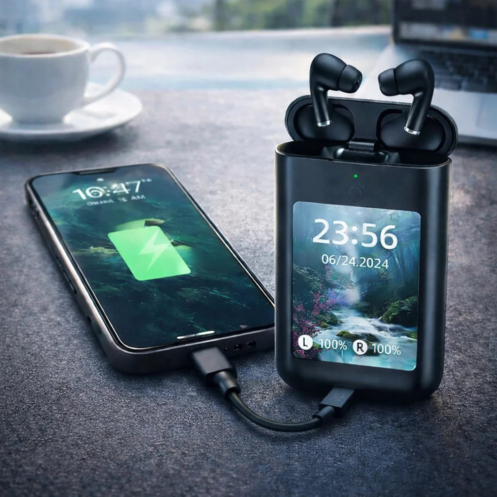 PowerBank con Pantalla Digital + Audífonos inalámbricos + Linterna