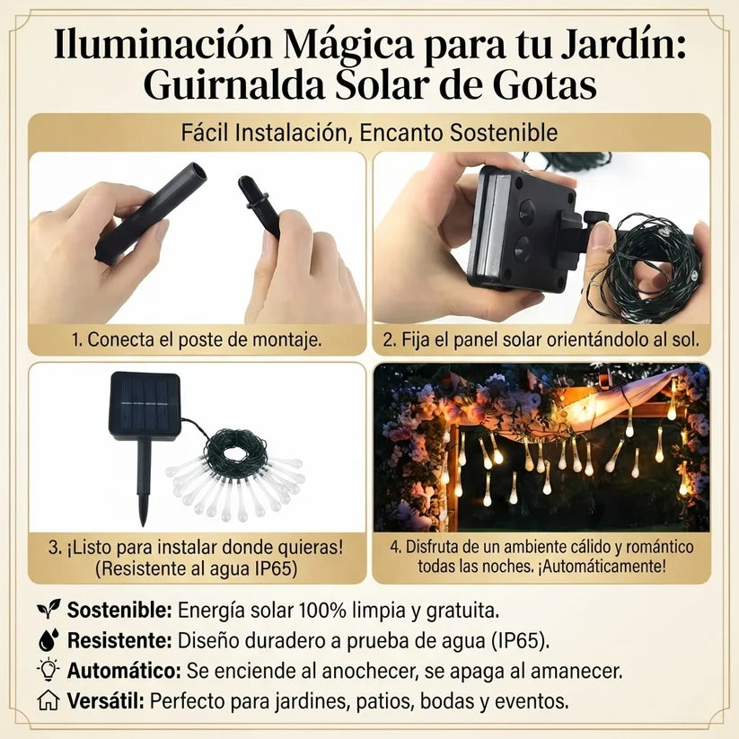 Magia Solar navideña🌟 para tu Jardín: Guirnalda de Cristales 💦 en forma de Gotas😉 X10mt