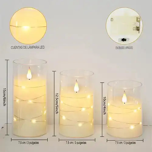 SET X 3 VELAS LED REALISTAS EN ACRÍLICO, FUNCIONA CON 2 PILAS AA