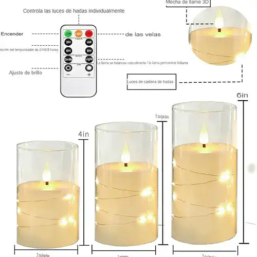 SET X 3 VELAS LED REALISTAS EN ACRÍLICO, FUNCIONA CON 2 PILAS AA