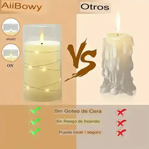 SET X 3 VELAS LED REALISTAS EN ACRÍLICO, FUNCIONA CON 2 PILAS AA