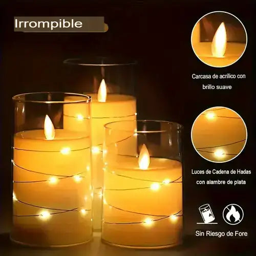 SET X 3 VELAS LED REALISTAS EN ACRÍLICO, FUNCIONA CON 2 PILAS AA