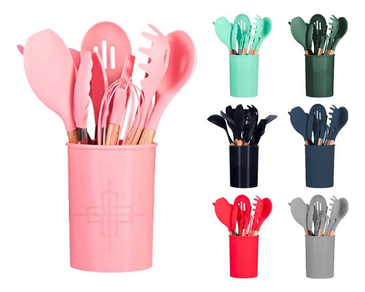 Set X12 Utensilios De Cocina Mango Madera Punta Silicona Premium™
