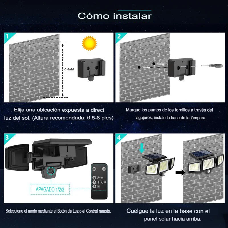 Lámpara solar plegable de exterior con sensor y tres cabezales™