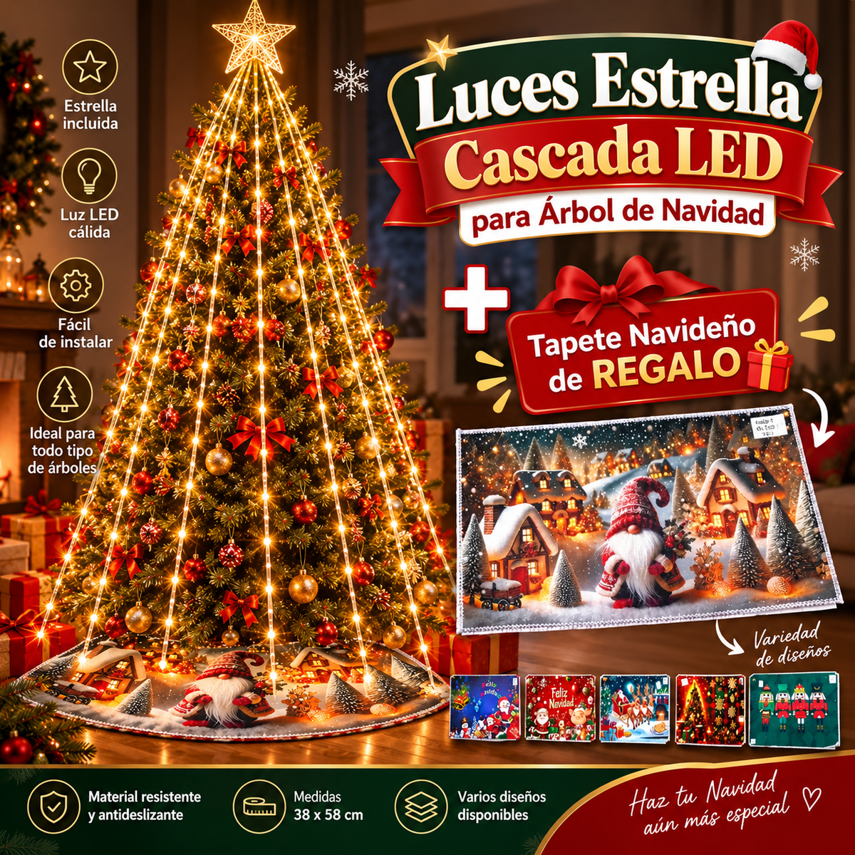 Combo Luces Estrella Cascada LED árbol + 🎁 Tapete regalo Gratis