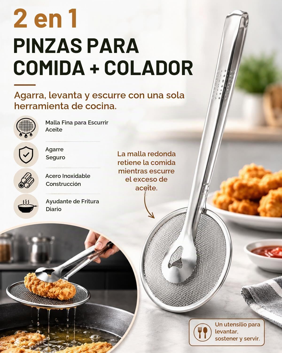 lleva 2x1  Pinzas coladoras de aceite 2 en 1 de acero inoxidable™   Reduce al instante hasta un 80% de exceso de grasa.