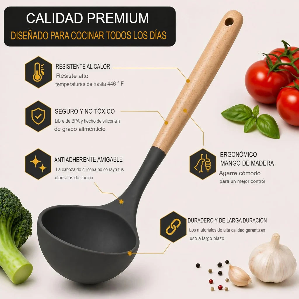 Set X12 Utensilios De Cocina Mango Madera Punta Silicona Premium™