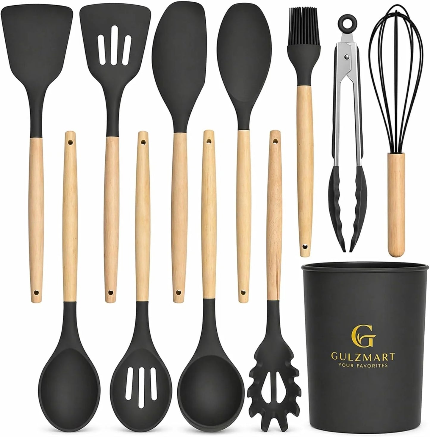 Set X12 Utensilios De Cocina Mango Madera Punta Silicona Premium™