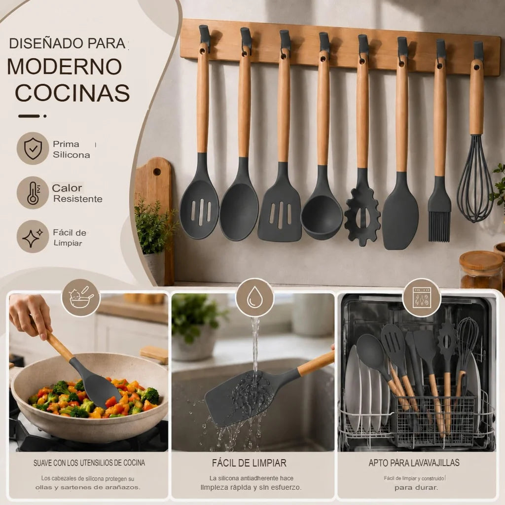 Set X12 Utensilios De Cocina Mango Madera Punta Silicona Premium™