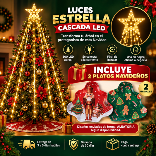 Combo Luces Estrella Cascada LED COLOR CALIDO + 🎁 Platos de regalo Gratis