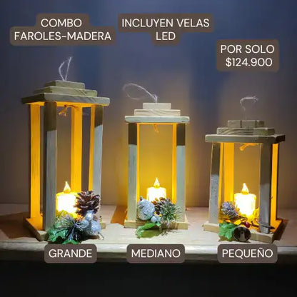 COMBO 3 FAROLES® EN MADERA  🎁 LLEVA COMO REGALO 3 VELAS LED.