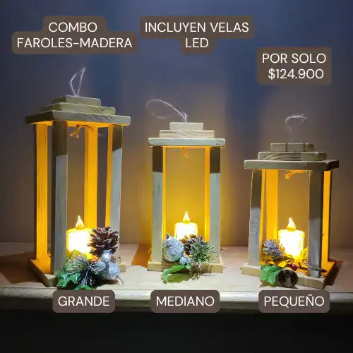 COMBO 3 FAROLES® EN MADERA  🎁 LLEVA COMO REGALO 3 VELAS LED.