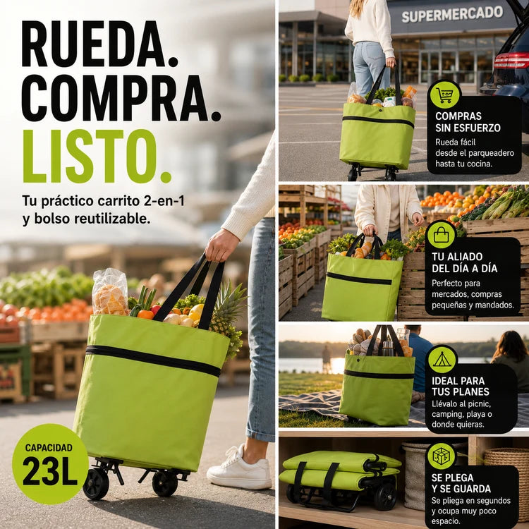 Carrito de mercado plegable con ruedas™ Ligero, Ultra Resistente y Adiós a las Bolsas Pesadas 🛍️