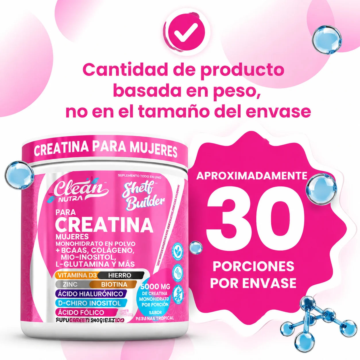 Shelf Builder™ Creatina diseñada para mujeres que desean obtener más de su creatina: no solo fuerza, sino bienestar integral del cuerpo.