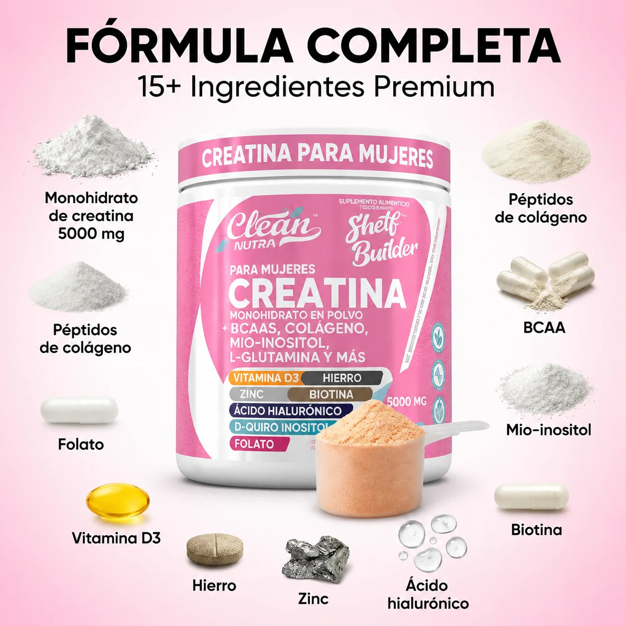Shelf Builder™ Creatina diseñada para mujeres que desean obtener más de su creatina: no solo fuerza, sino bienestar integral del cuerpo.