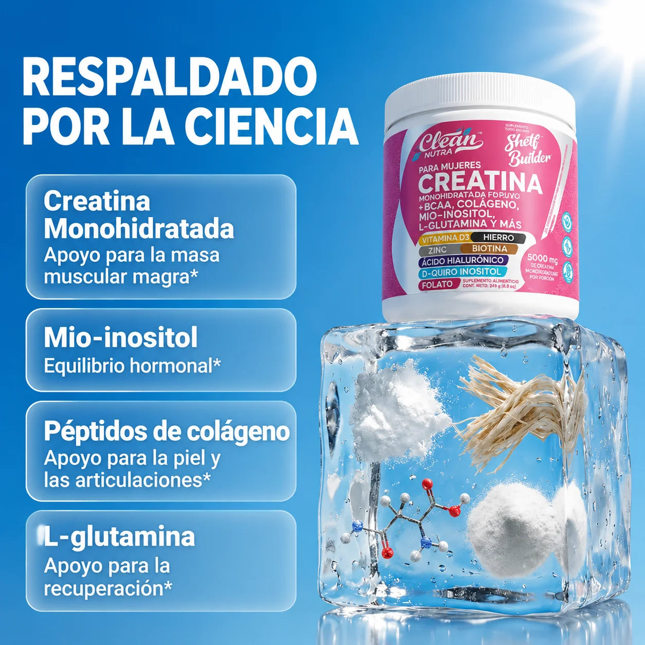 Shelf Builder™ Creatina diseñada para mujeres que desean obtener más de su creatina: no solo fuerza, sino bienestar integral del cuerpo.