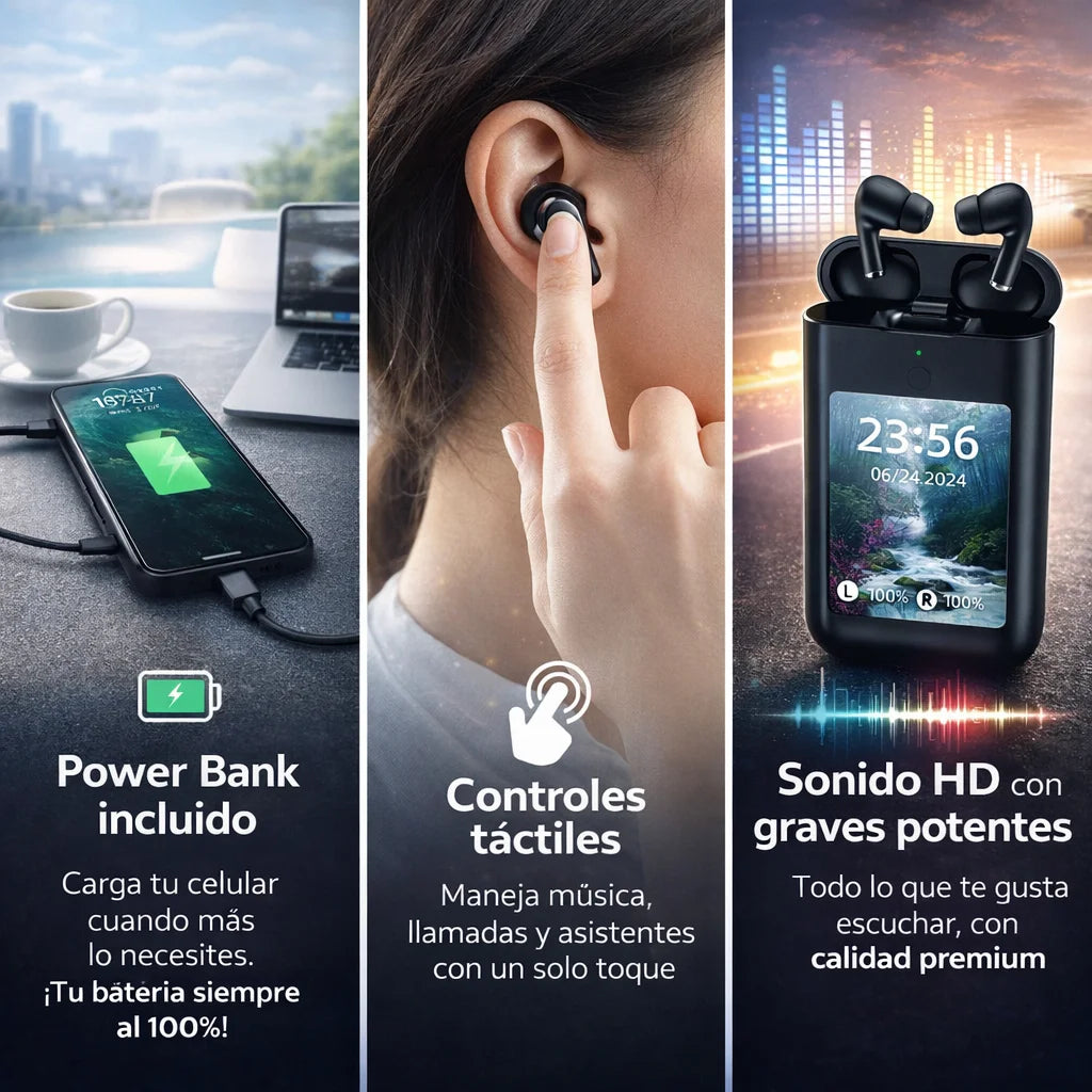 PowerBank con Pantalla Digital + Audífonos inalámbricos + Linterna