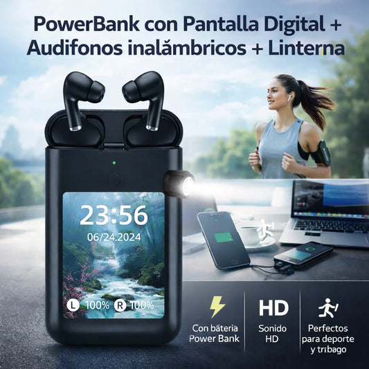 PowerBank con Pantalla Digital + Audífonos inalámbricos + Linterna