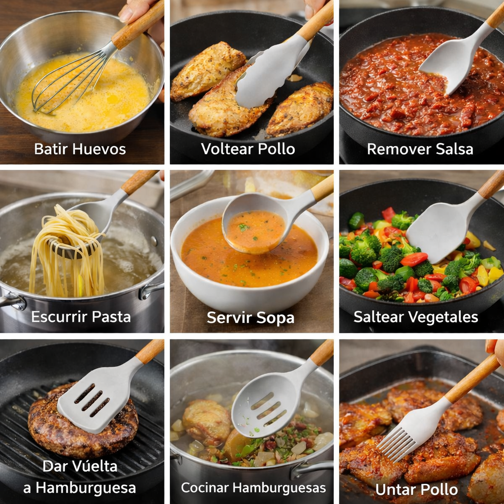 Set X12 Utensilios De Cocina Mango Madera Punta Silicona Premium™