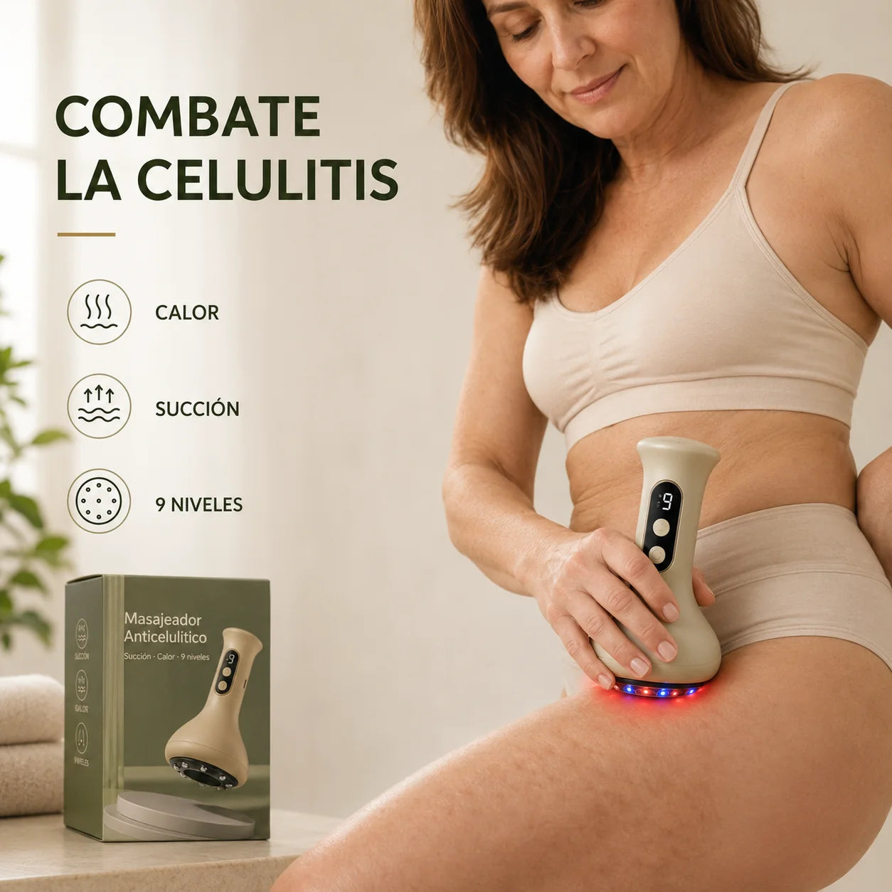 Masajeador Anticelulítico Skintec® Combina succión y calor terapéutico para reducir la grasa localizada y tonificar.