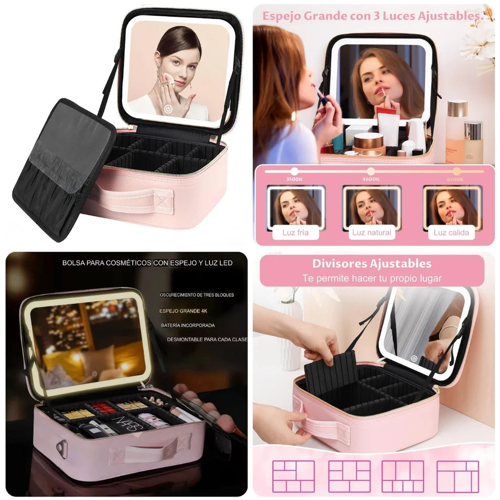 Cosmetiquera con Espejo LED™ · Espejo con luz regulable + Organizador todo en uno