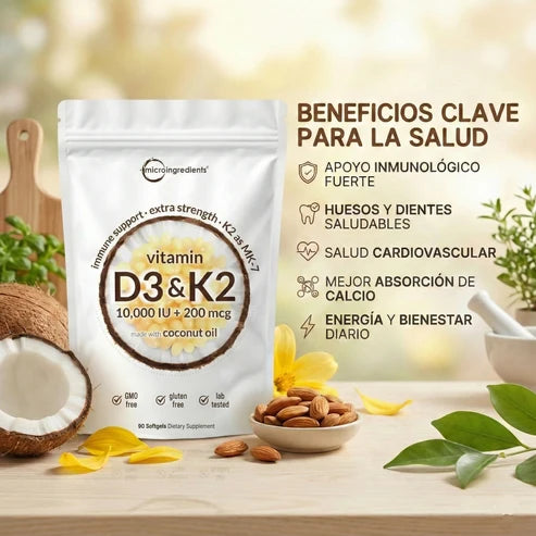 Vitamina D3 y K2 90cápsulas blandas™ En dosis clínicas + magnesio y aceite de coco para una máxima absorción.