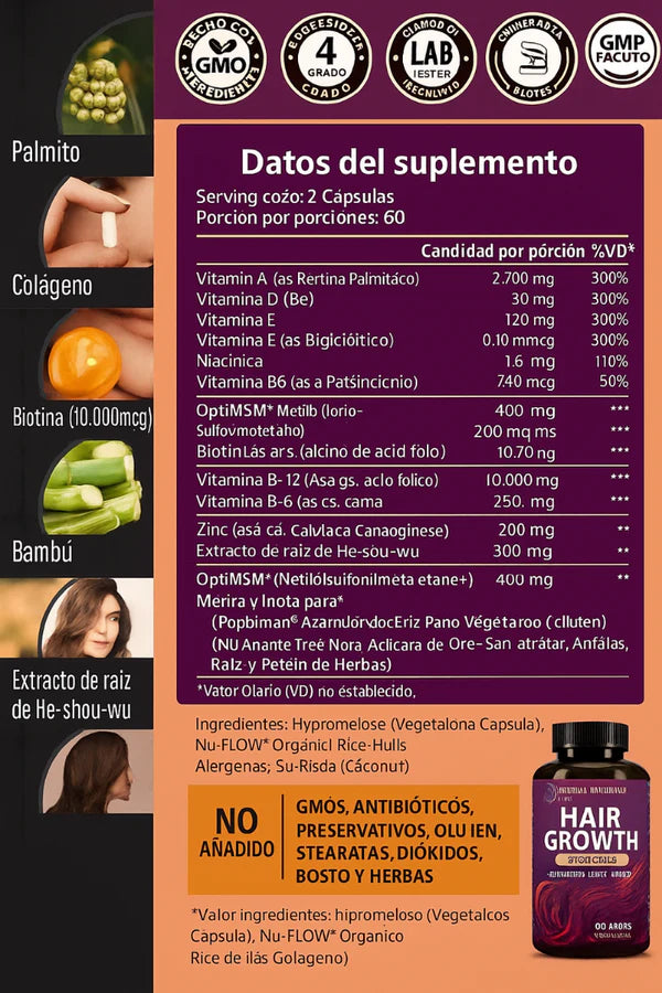 Elevante Hair Growth™ X 120 Capsulas - Vitaminas Capilares Premium