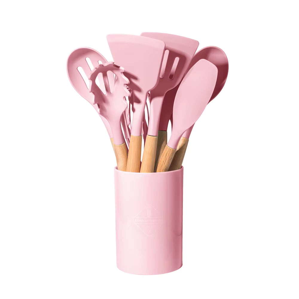 Set X12 Utensilios De Cocina Mango Madera Punta Silicona Premium™