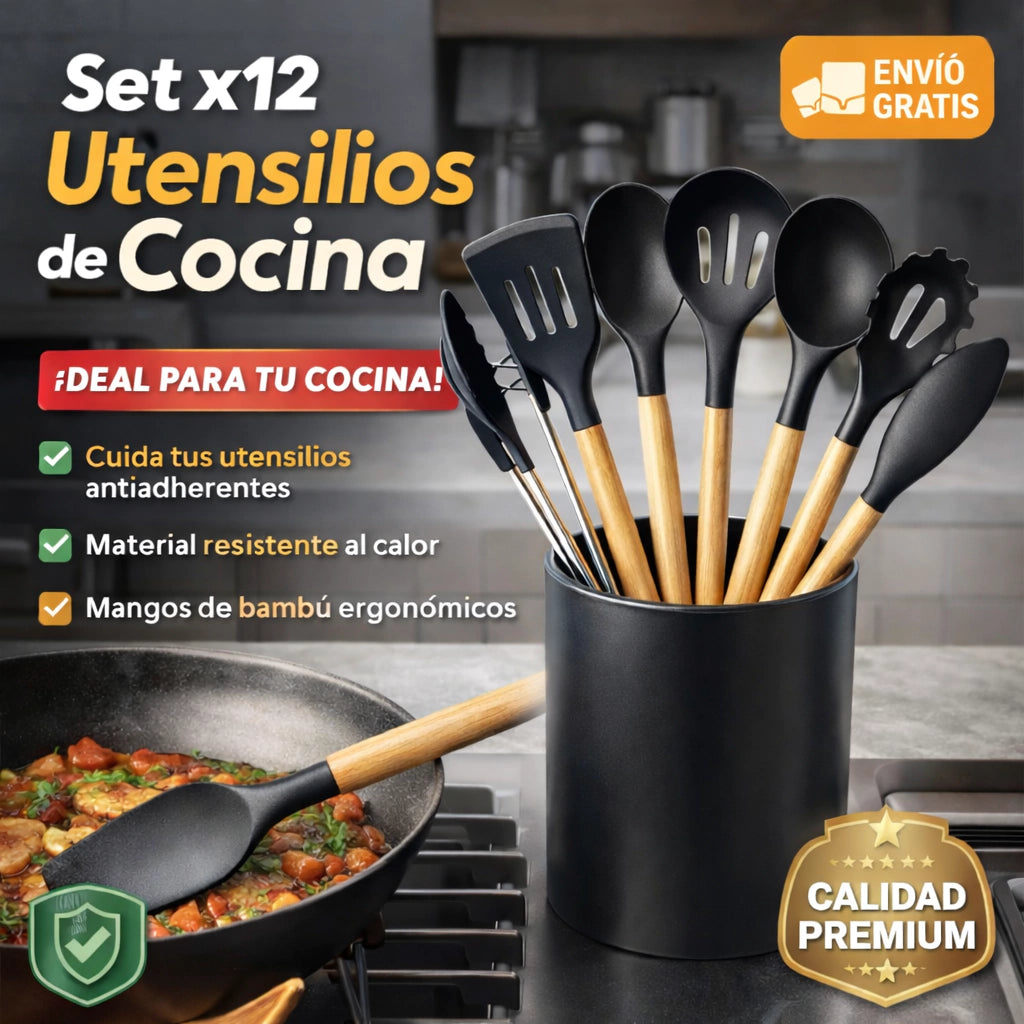 Set X12 Utensilios De Cocina Mango Madera Punta Silicona Premium™