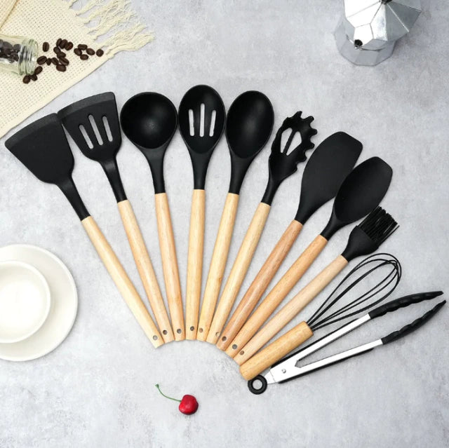 Set X12 Utensilios De Cocina Mango Madera Punta Silicona Premium™