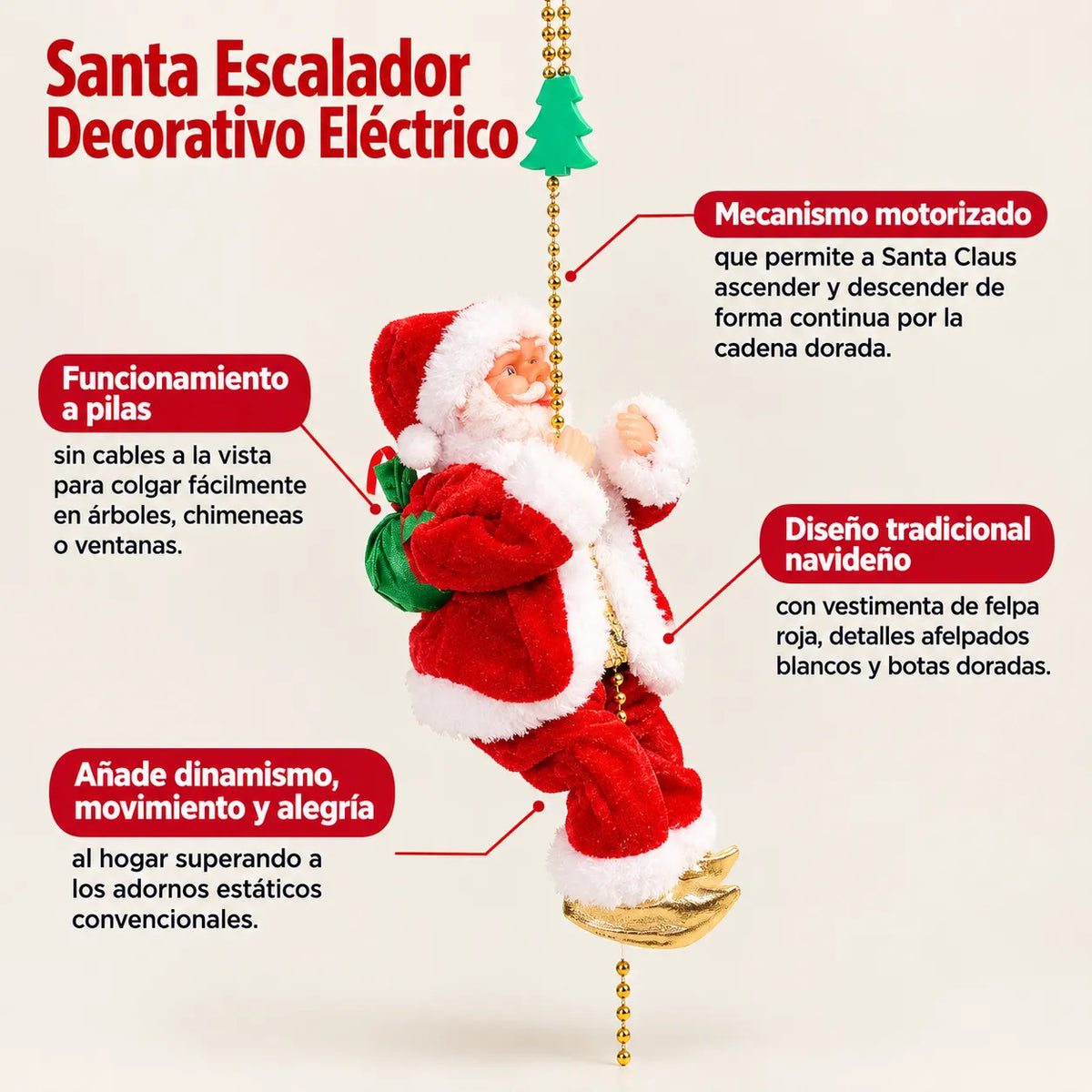 Papá noel Escalador Eléctrico™ Llena tu sala de alegría con un adorno en movimiento que captura todas las miradas.