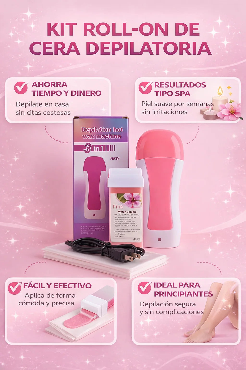 Cera Depilatoria Roll-On Premium + Calentador: ¡Tu piel te lo agradecerá!