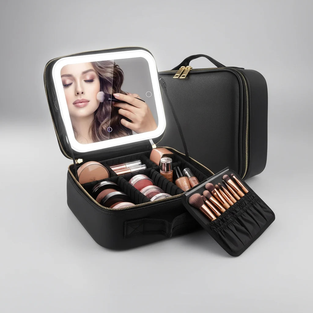 Cosmetiquera con Espejo LED™ · Espejo con luz regulable + Organizador todo en uno