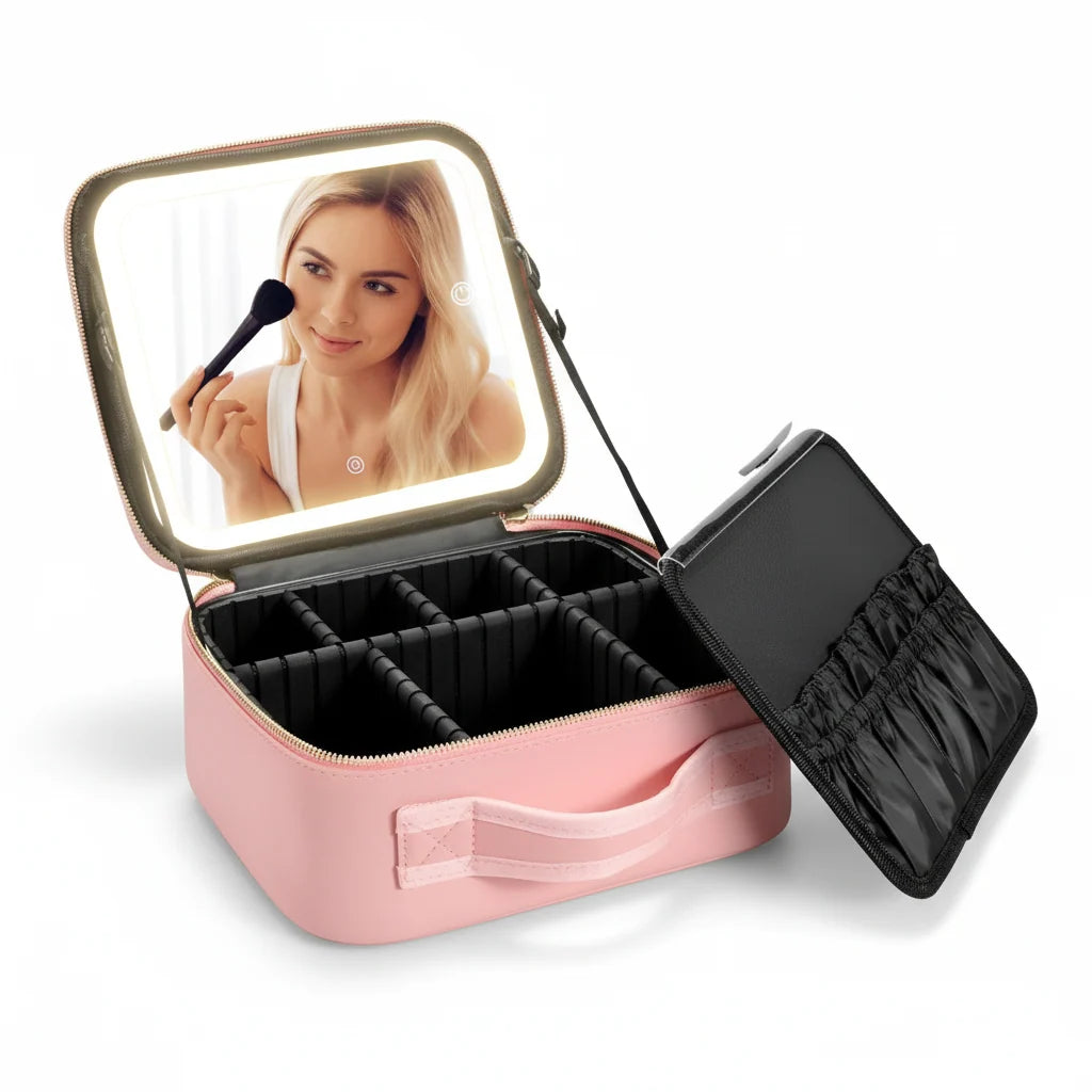 Cosmetiquera con Espejo LED™ · Espejo con luz regulable + Organizador todo en uno